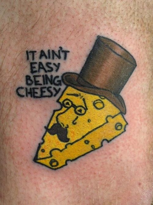 it ain't easy being cheesy, slice of cheese with top hat  and eyeglass / monocle